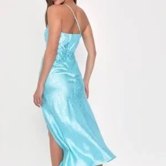 Lulus Medium, Forever Celebrating Blue Floral Jacquard One-Shoulder Midi Dress - Picture 3 of 6